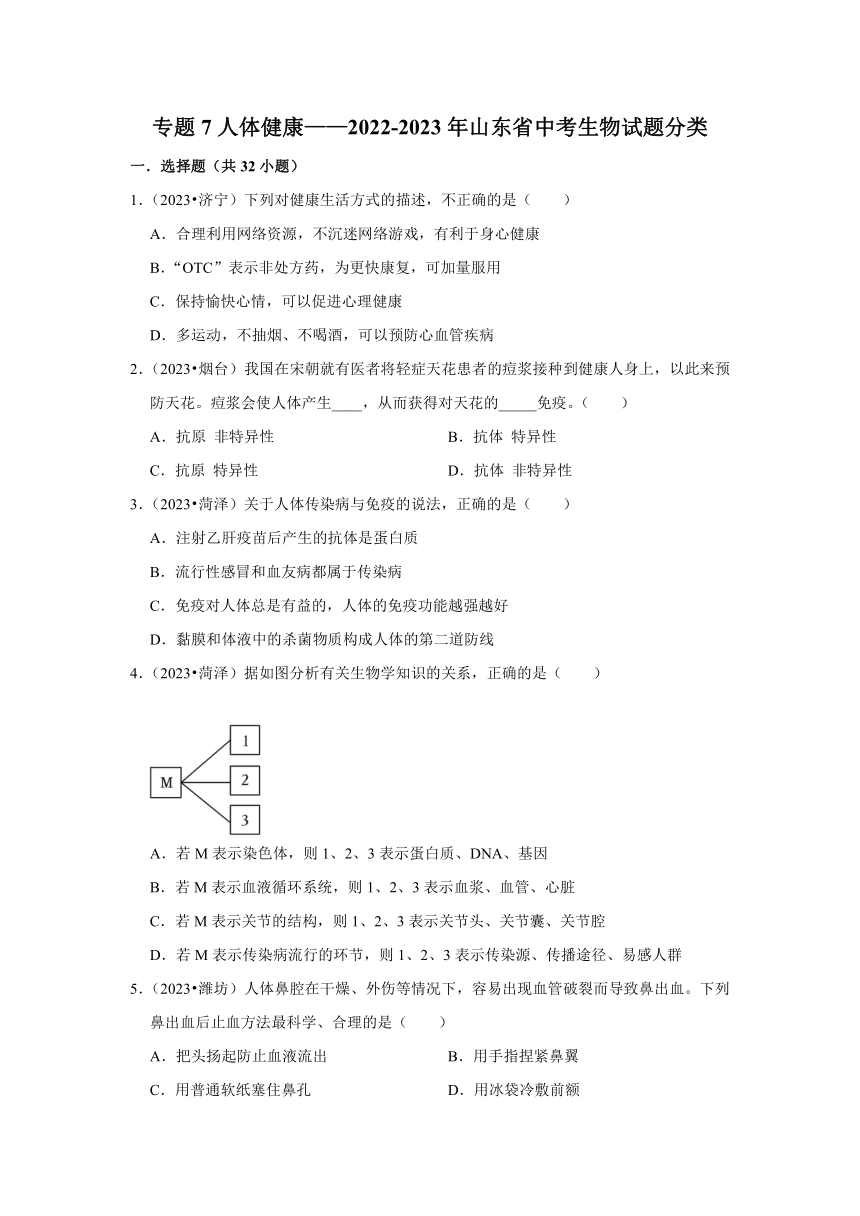 专题7人体健康——2022-2023年山东省中考生物试题分类（含解析）