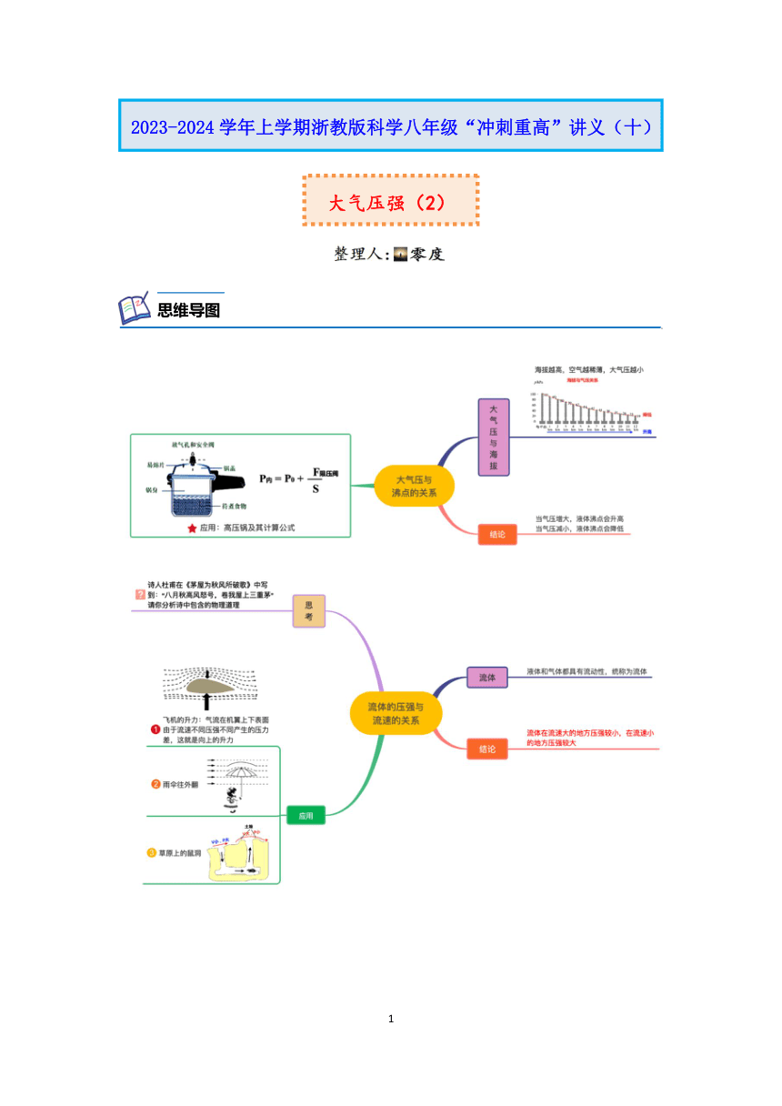 浙教版科学2023-2024学年上学期八年级“冲刺重高”讲义（十）：大气压强（2）（含解析）