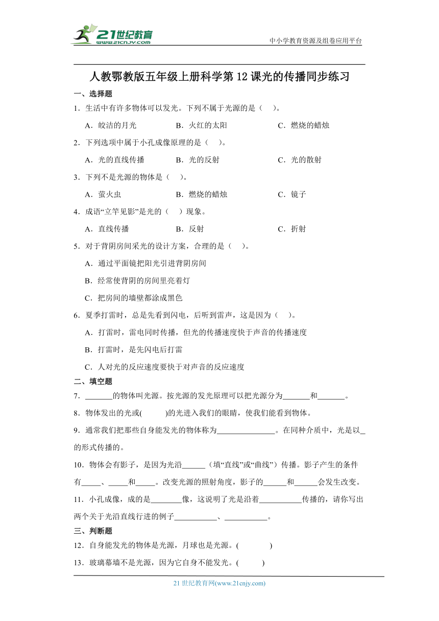 人教鄂教版五年级上册科学4.12 光的传播 同步练习（含答案）