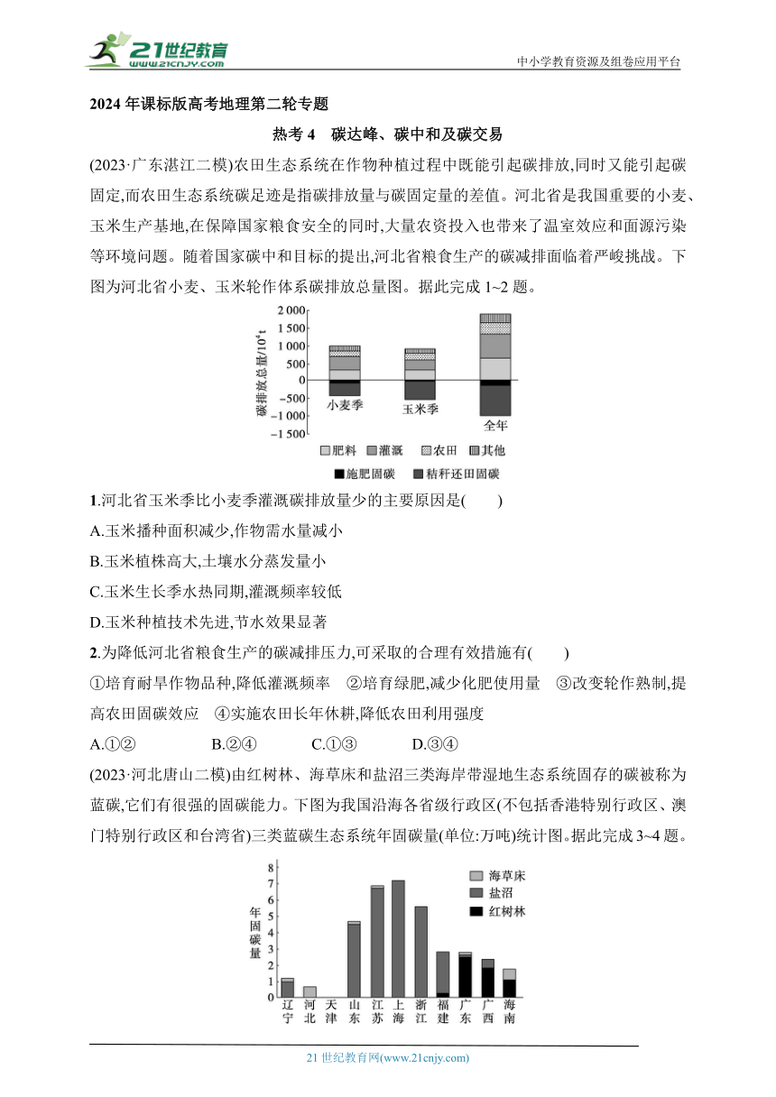 2024年课标版高考地理第二轮专题练习--热考4　碳达峰、碳中和及碳交易(含答案)