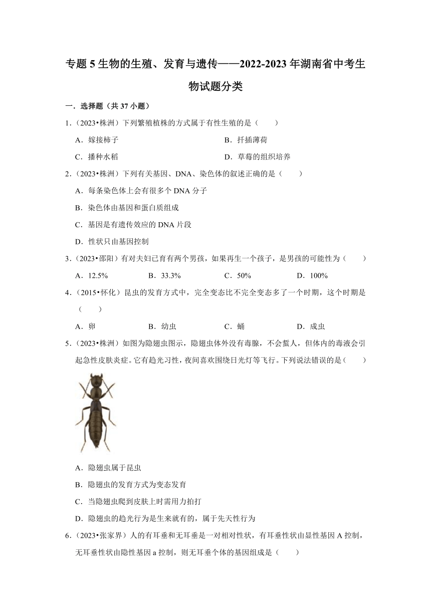 专题5生物的生殖、发育与遗传——2022-2023年湖南省中考生物试题分类（含解析）