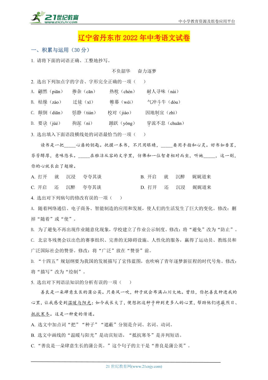 2022年辽宁省丹东市中考语文真题名师详解版