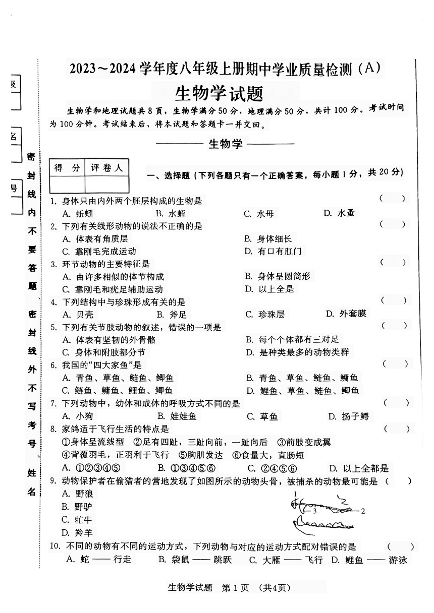 吉林省吉林市第二十五中学2023-2024学年八年级上学期期中生物试题（PDF版 无答案）