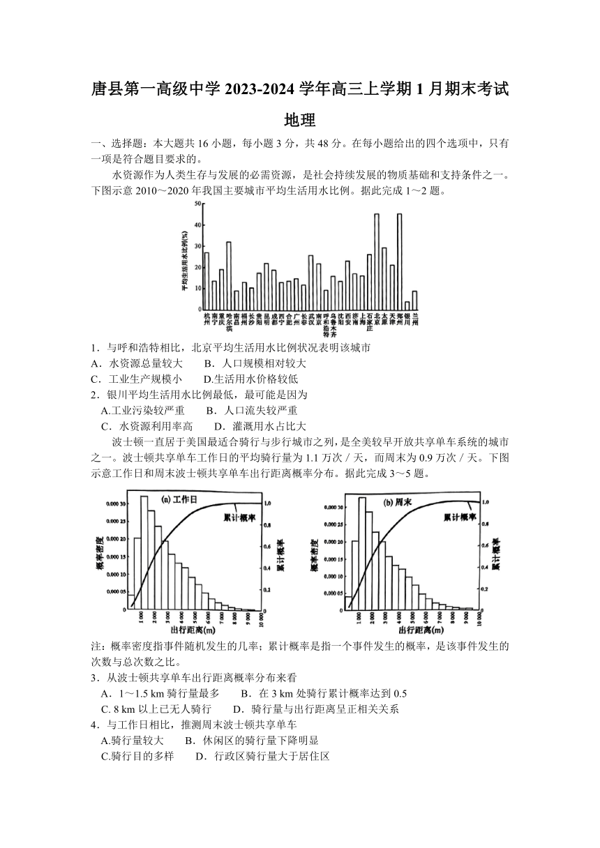 河北省保定市唐县第一高级中学2023-2024学年高三上学期1月期末考试地理试题（含答案）