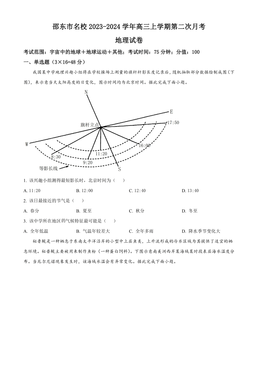 湖南省邵阳市邵东市名校2023-2024学年高三上学期第二次月考地理试题（原卷版+解析版）