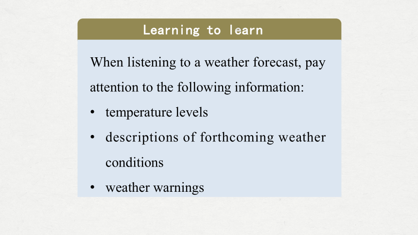 外研版（2019）必修三Unit 6 Disaster and hope Listening Extreme Weather Conditions课件(共16张PPT，内镶嵌音频)