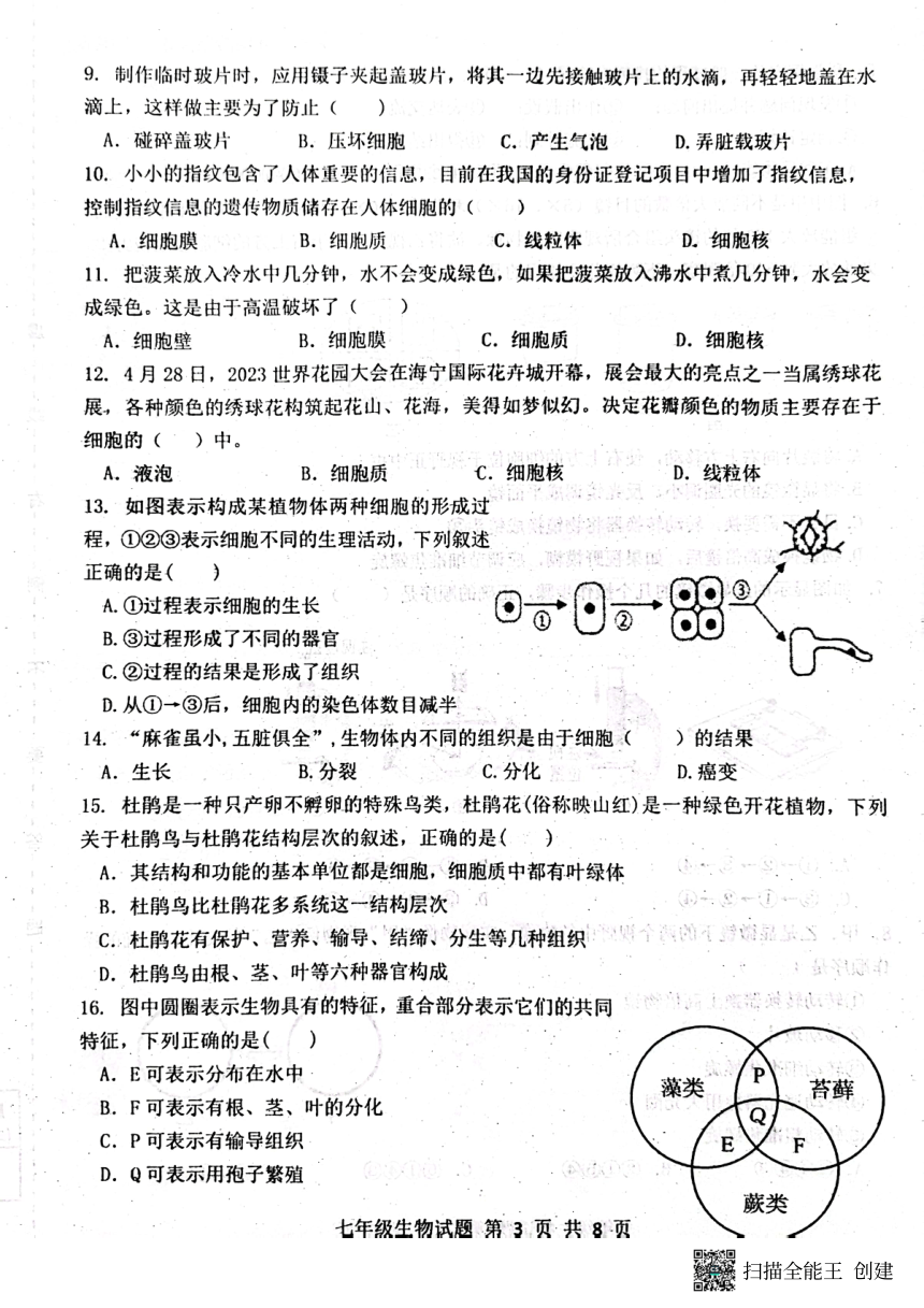 山东省济南市长清区2023—2024学年七年级上学期生物期中考试试题（PDF版无答案）