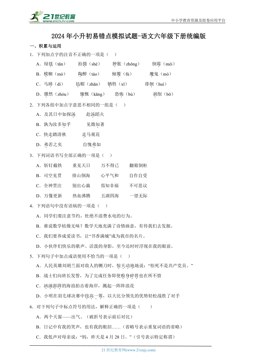 统编版2024年小升初易错点模拟试题（含答案）