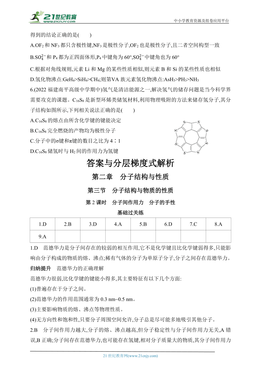 2024人教版高中化学选择性必修2同步练习题--第2课时　分子间作用力　分子的手性（含解析）