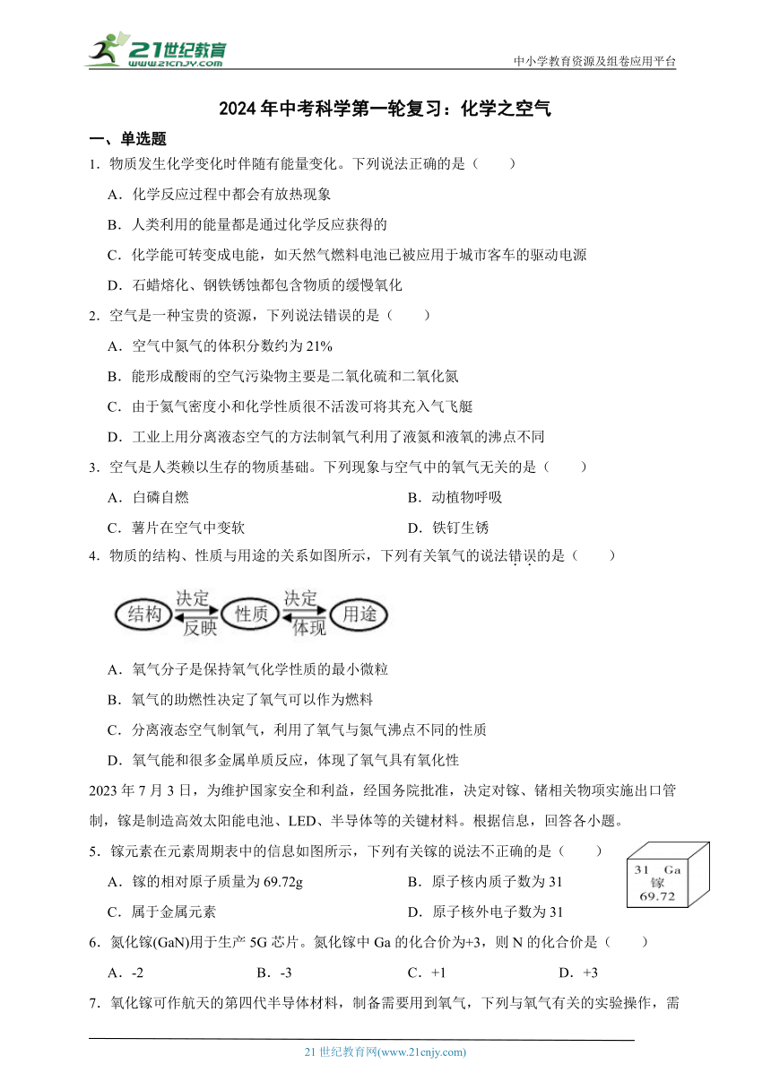 2024年中考科学第一轮复习：化学之空气