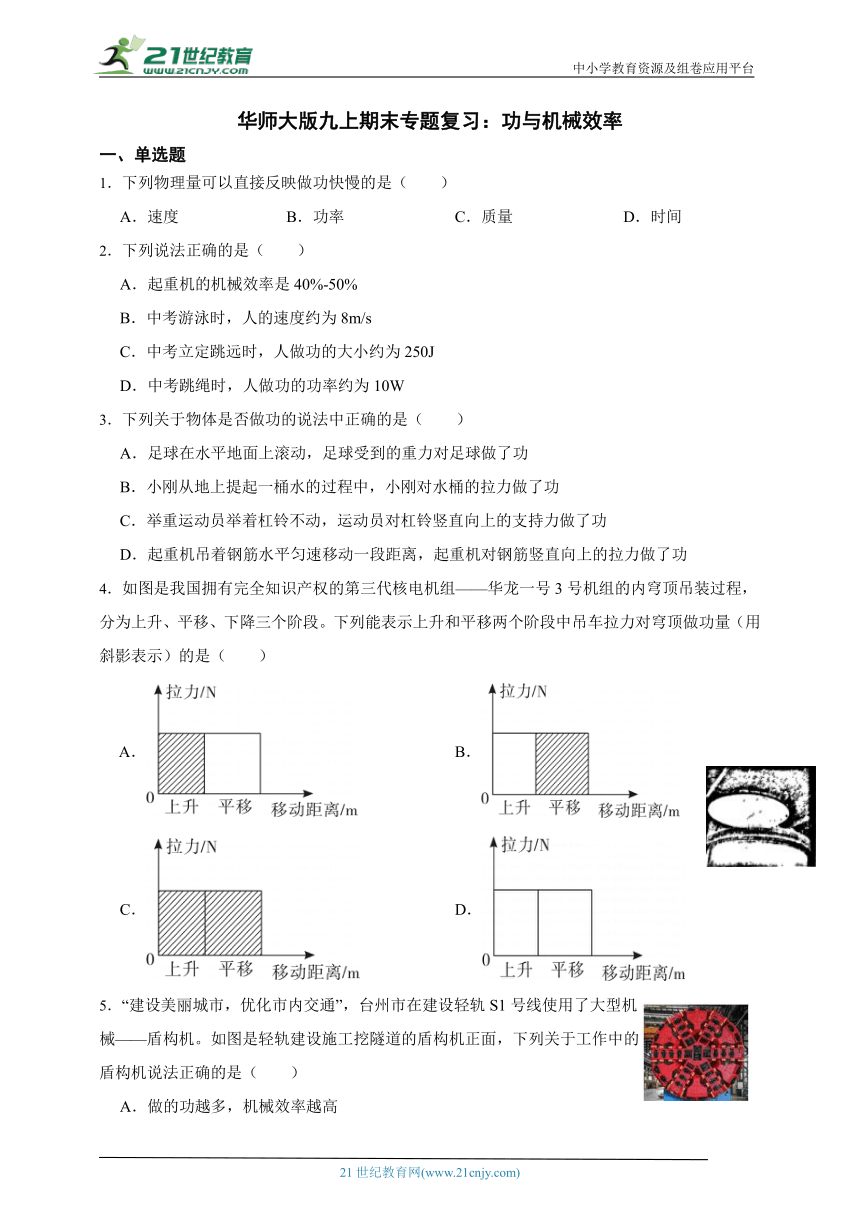 华师大版科学九上期末专题复习：功与机械效率（含答案）