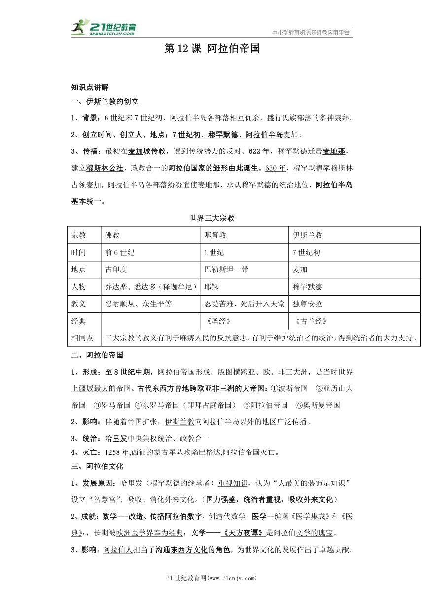 第12课 阿拉伯帝国 知识点讲解+精选精练 部编版历史九年级上册