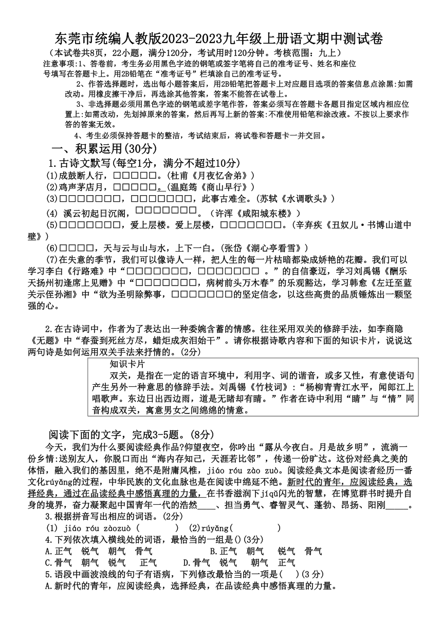 广东省东莞市2023-2024学年九年级上学期期中语文试题（含答案）