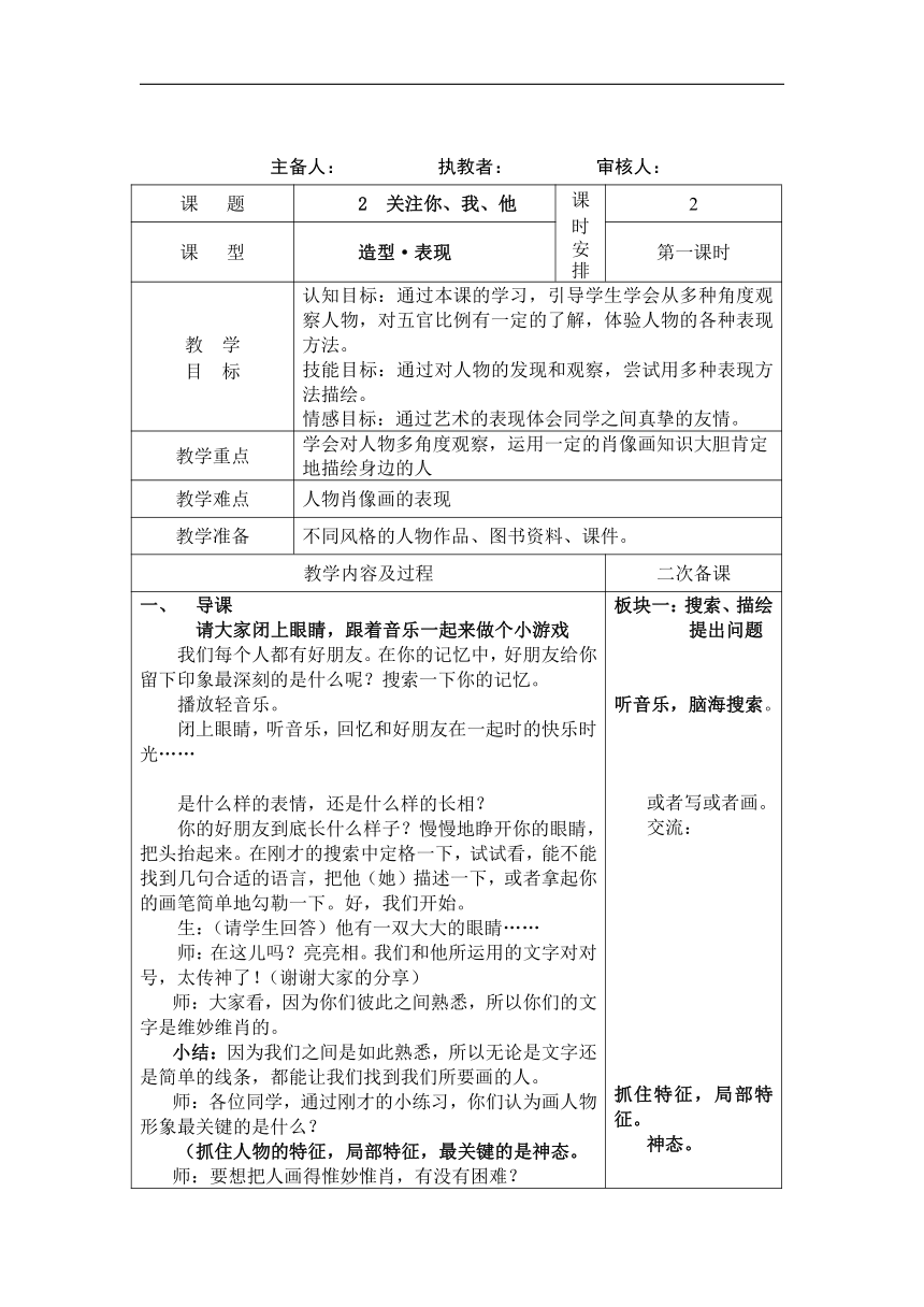 苏少版七年级美术下册《第2课 关注你、我，他》教学设计