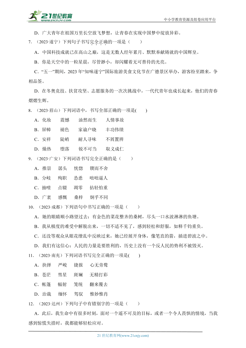 2019-2023中考语文五年真题分类汇编（全国版）2 字形(含解析)