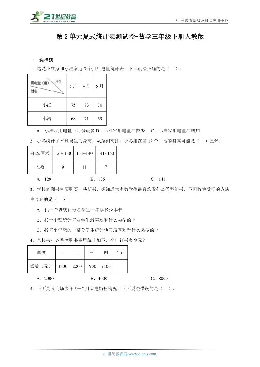 第3单元复式统计表测试卷-数学三年级下册人教版（含答案）