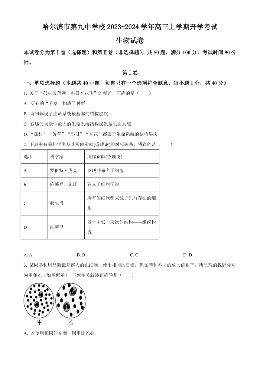 黑龙江省哈尔滨市第九中学校2023-2024学年高三上学期开学考试生物学试题（原卷版+解析版）