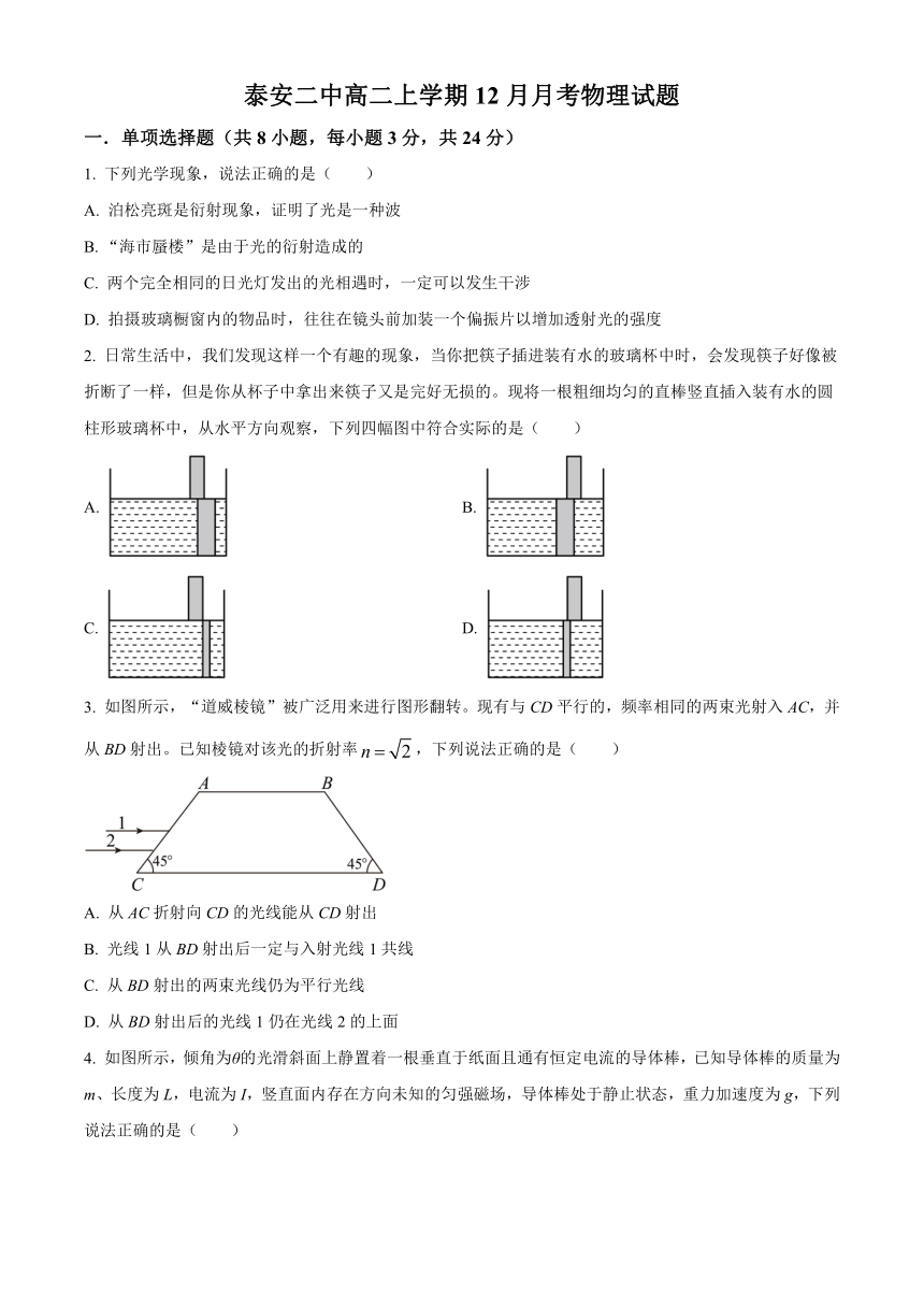 山东省泰安市第二名校2023-2024学年高二上学期12月月考试题物理（原卷版+解析版）