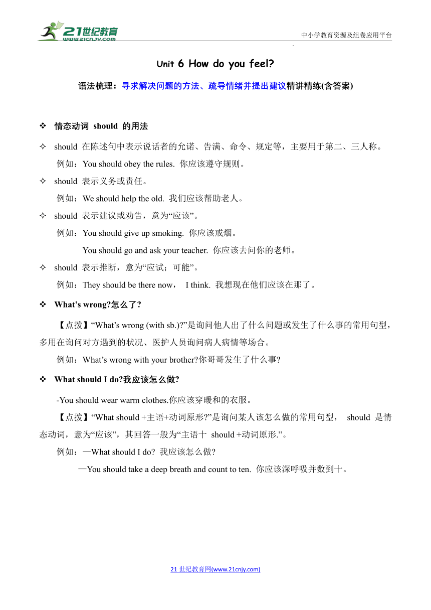 Unit 6 How do you feel? 语法梳理：寻求解决问题的方法、疏导情绪并提出建议精讲精练(含答案)