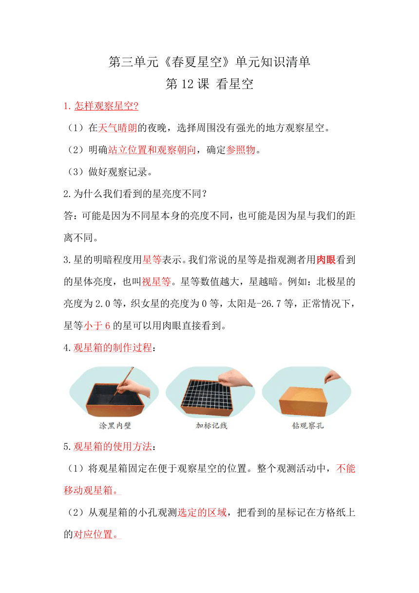 2023-2024学年科学五年级下册（青岛版）第三单元 春夏星空 知识清单