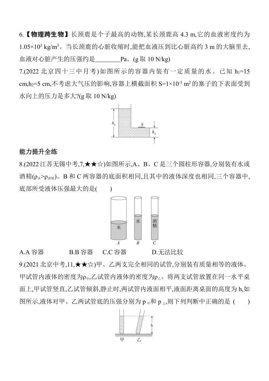 北京课改版物理八年级上册4.2探究液体压强素养提升练（含解析）