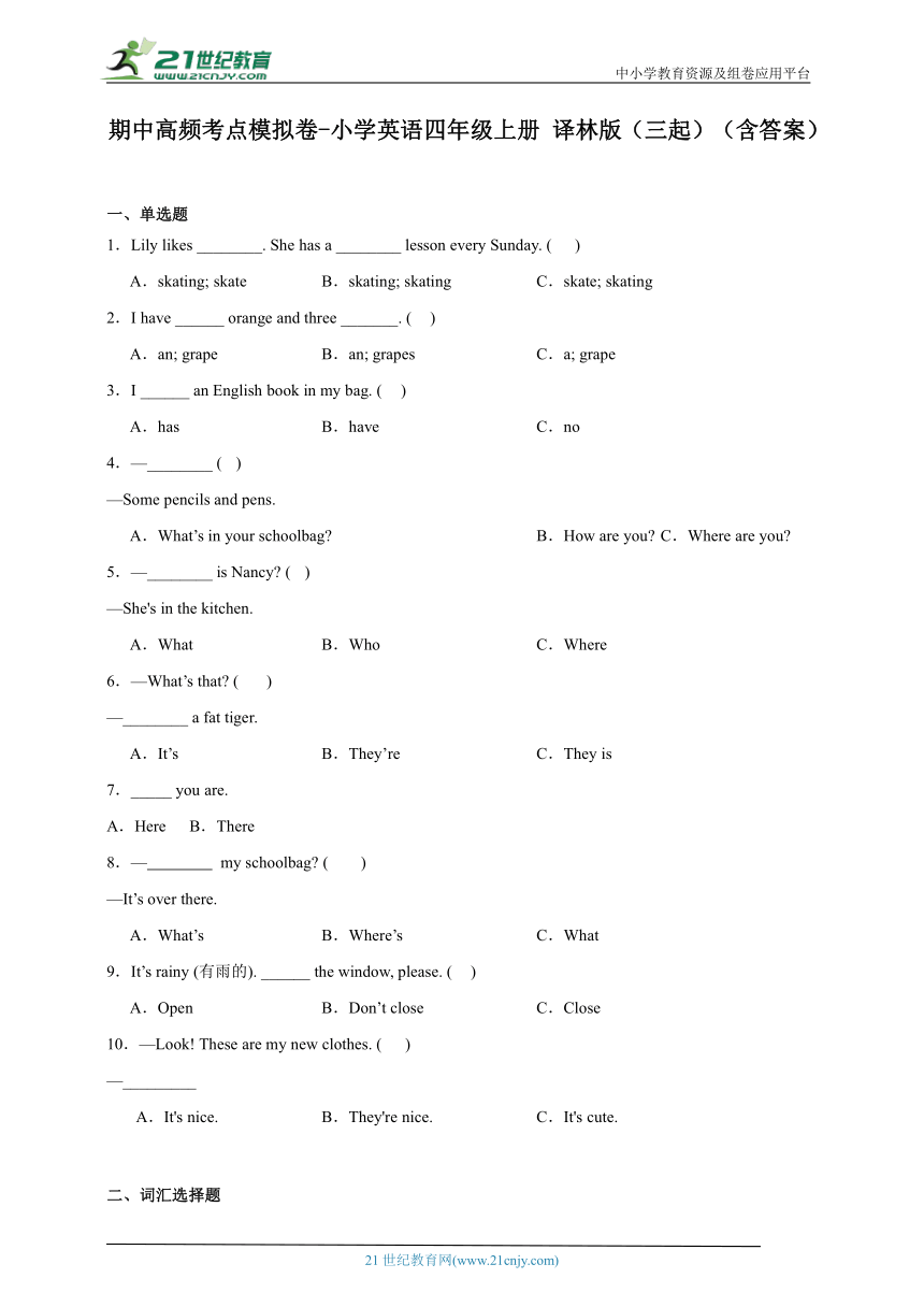 期中高频考点模拟卷-小学英语四年级上册 译林版（三起）（含答案）