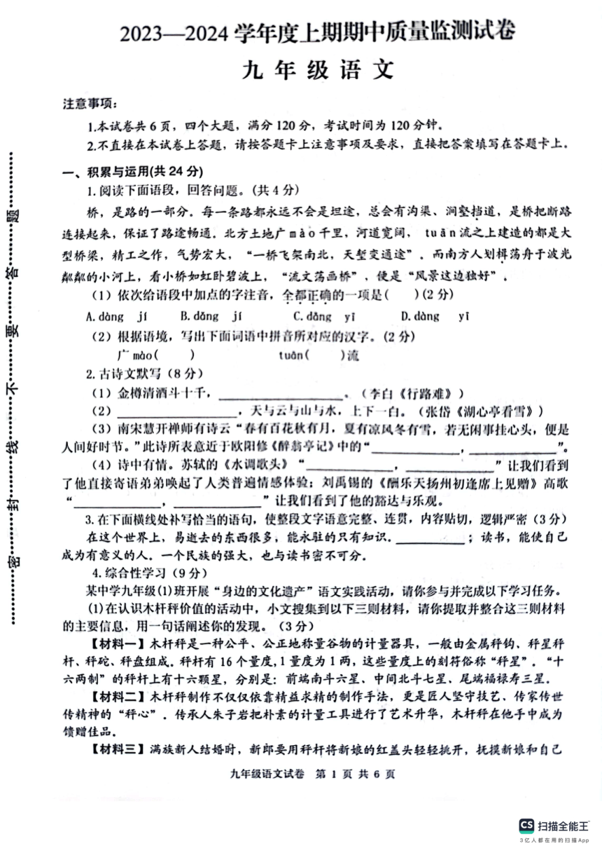 河南省信阳市罗山县2023-2024学年九年级上学期11月期中语文试题（图片版无答案）