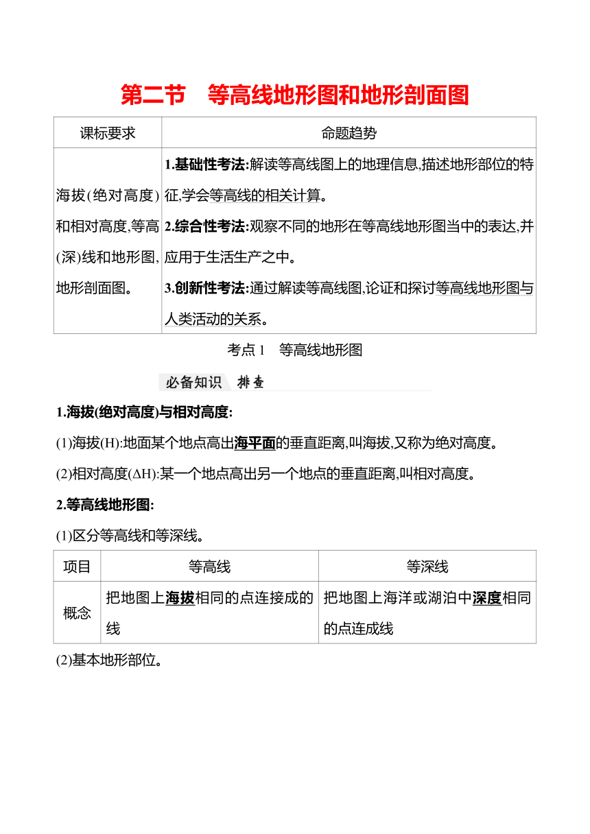 2024届高三地理一轮复习系列第一章 第二节 等高线地形图和地形剖面图 复习学案（含解析）