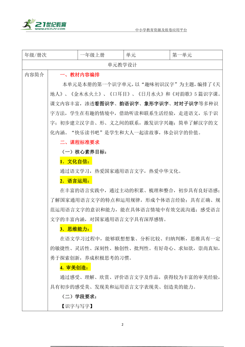 【新课标】统编版语文一上 第1单元 单元解析与规划