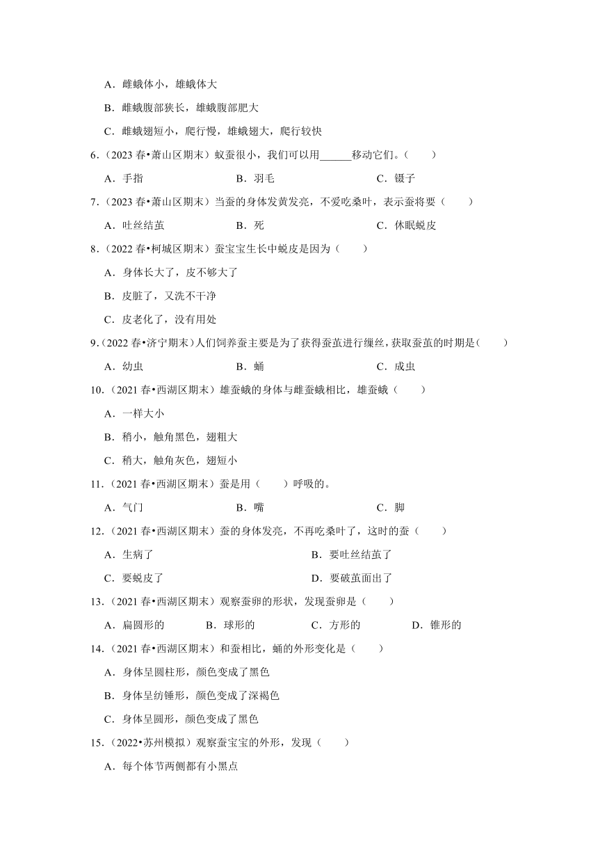 浙江省杭州市三年级下学期期末科学试题汇编 -高频考点01-蚕的形态和生命周期（选择题）(含解析答案）-三年级下册教科版