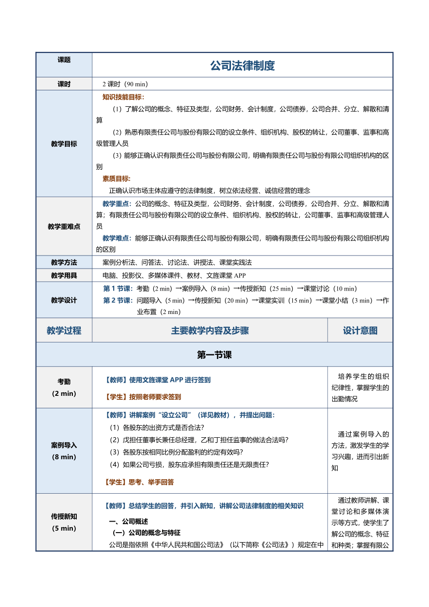 第14课公司法律制度 教案（表格式）《经济法基础》（江苏大学出版社）