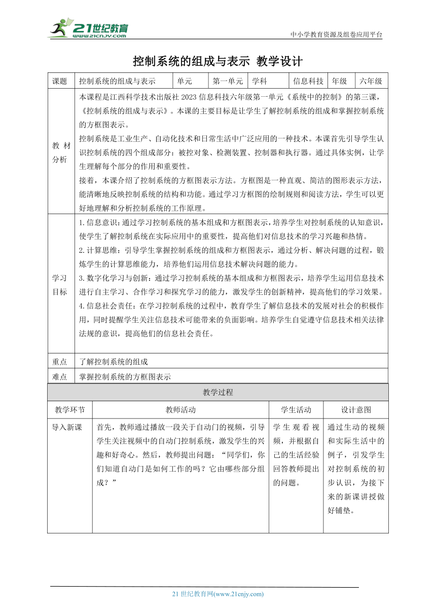 第3课 控制系统的组成与表示 教案2 六下信息科技 赣科学技术版