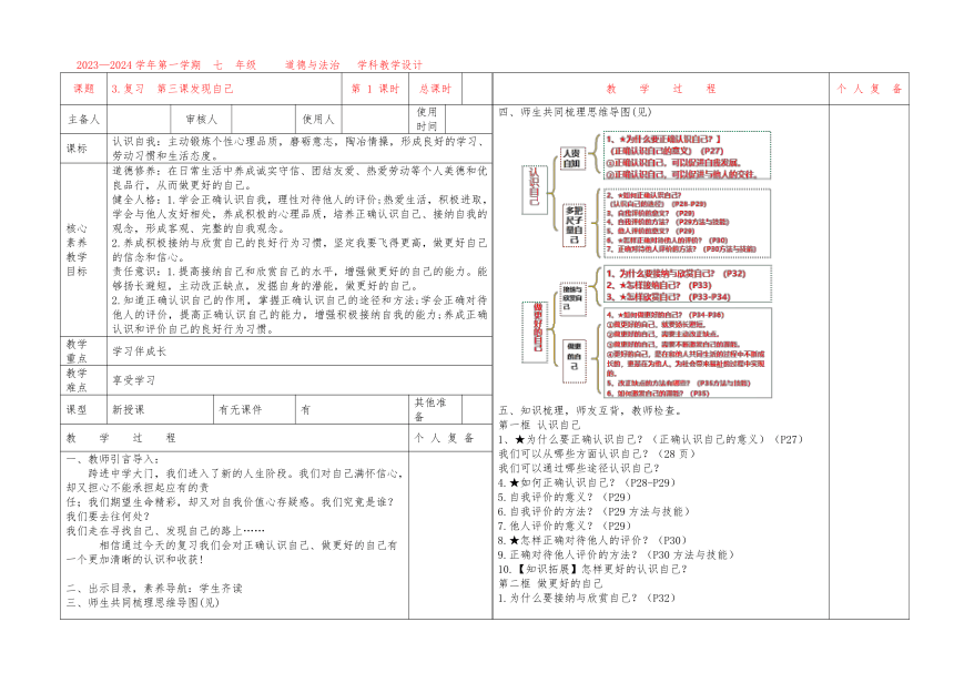 第三课 发现自己 复习教案