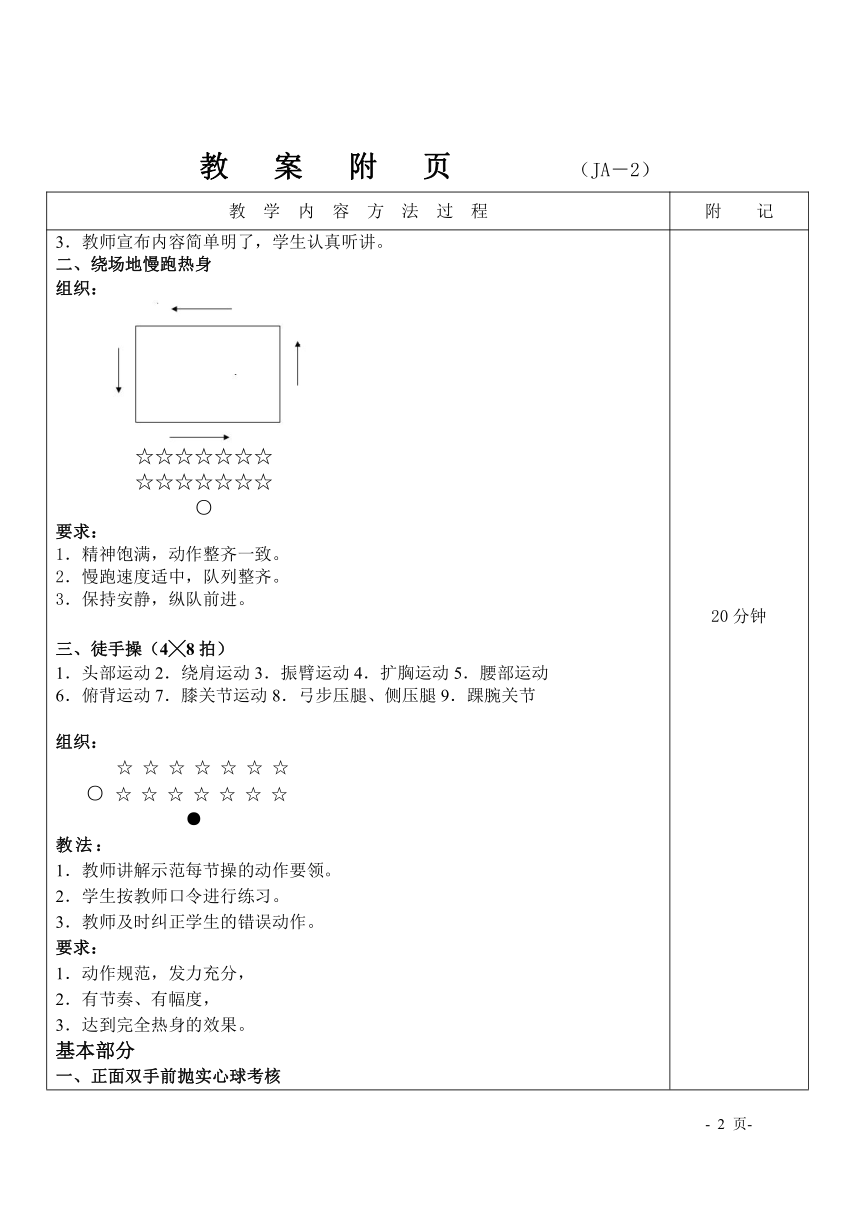 实心球考核  教案（表格式）