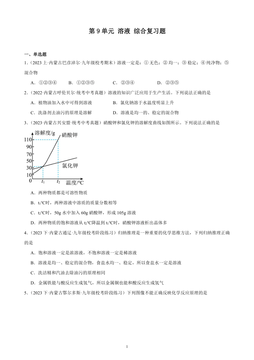 第九单元 溶液 综合复习题（含解析） （内蒙古地区适用）2023－2024学年人教版化学九年级下册