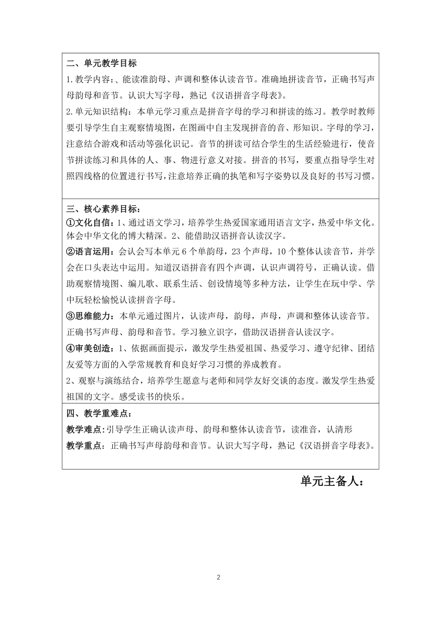 统编版一年级上册语文 第二单元整体设计(表格式)