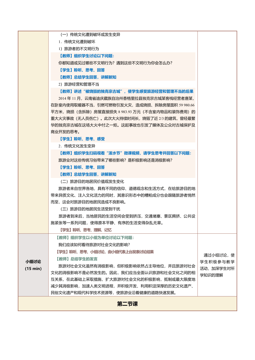 16.1旅游的影响（二） 教案（表格式）《旅游学概论》（江苏大学出版社）