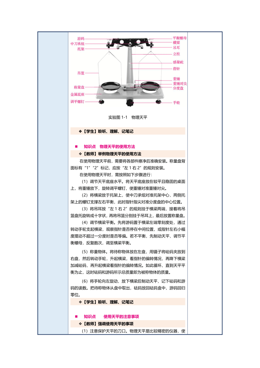 实验一：物理天平的使用（教案）（表格式）中职《物理（上册）》（上海交通大学出版社）