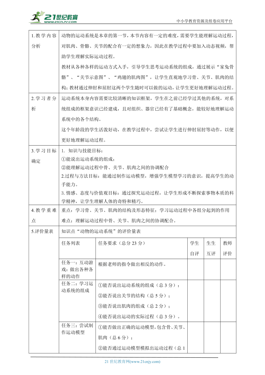 【大单元教学】动物的行为主题大单元整体教学设计+教案3动物的运动系统--人教版生物八上第五单元第二&第三章.