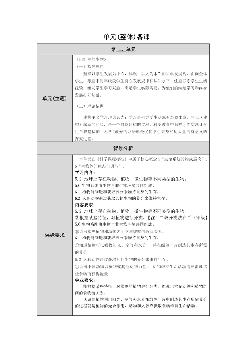 人教鄂教版小学科学六年级上册二单元《田野里的生物》单元备课 （表格式）