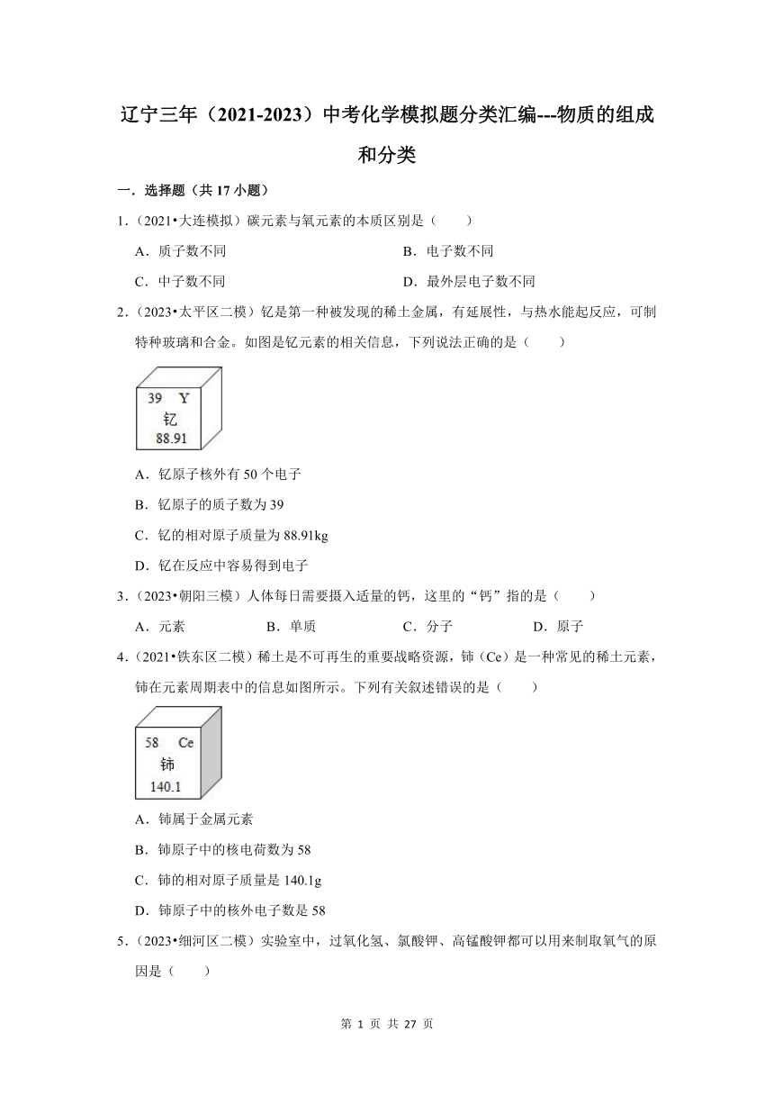 三年(2021-2023)辽宁中考化学模拟题分类汇编之物质的组成和分类 (含解析)