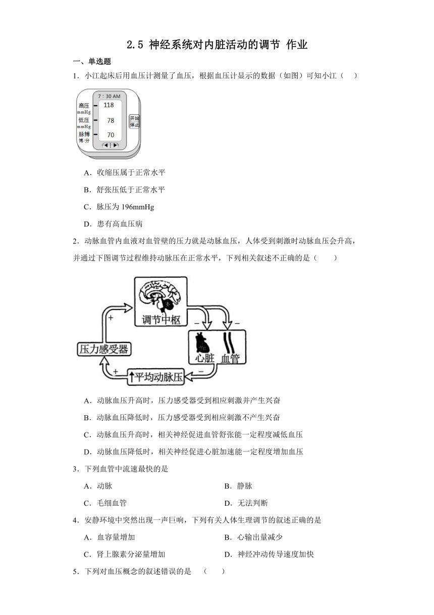 2.5 神经系统对内脏活动的调节 作业（有答案）