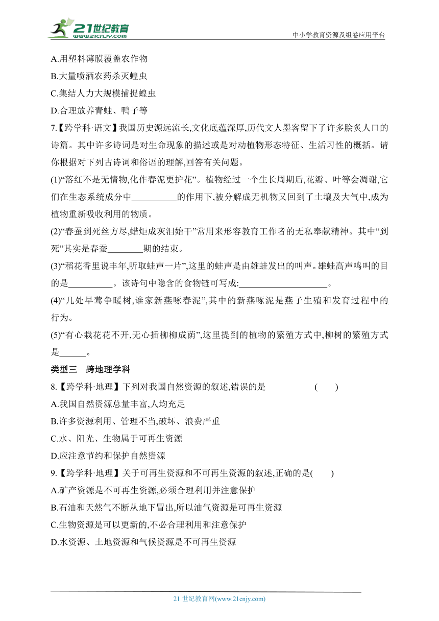 2024冀少版生物学八年级下学期--专项素养综合全练（六）   跨学科专题(含解析)