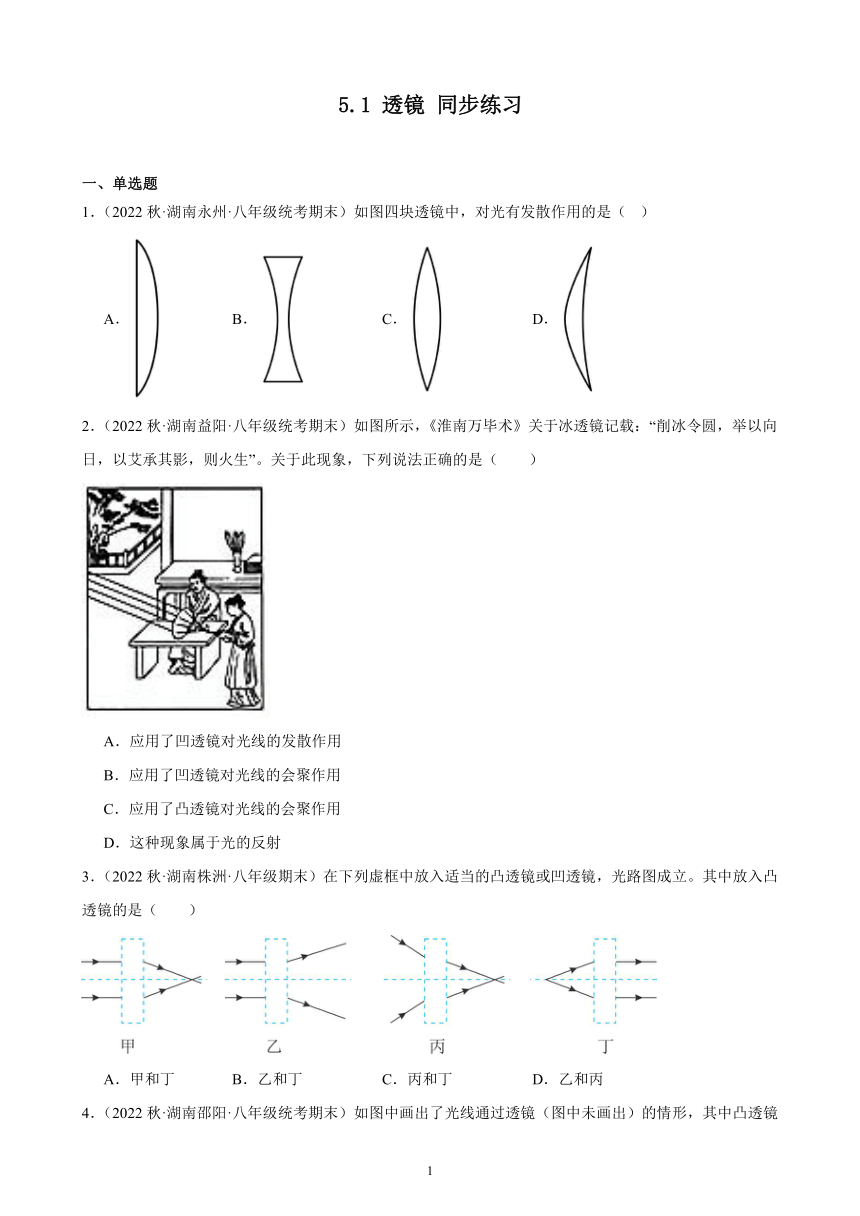 5.1 透镜 同步练习 （含答案）2022－2023学年上学期湖南省各地八年级物理期末试题选编