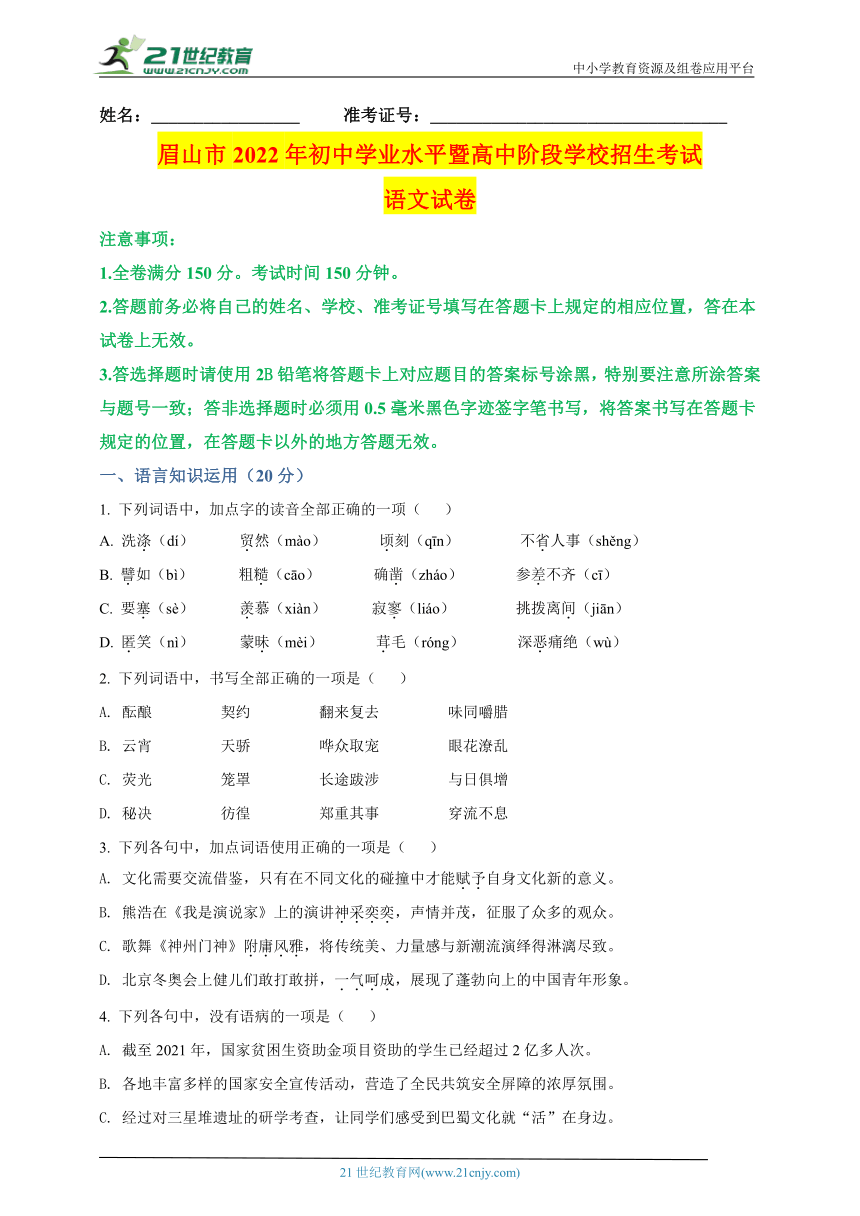 2022年四川省眉山市中考语文真题名师详解版