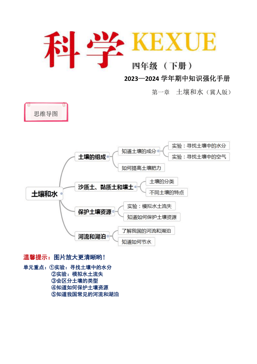 2023-2024学年四年级科学下学期期中核心考点集训（冀人版）第一单元 土壤和水（知识清单）