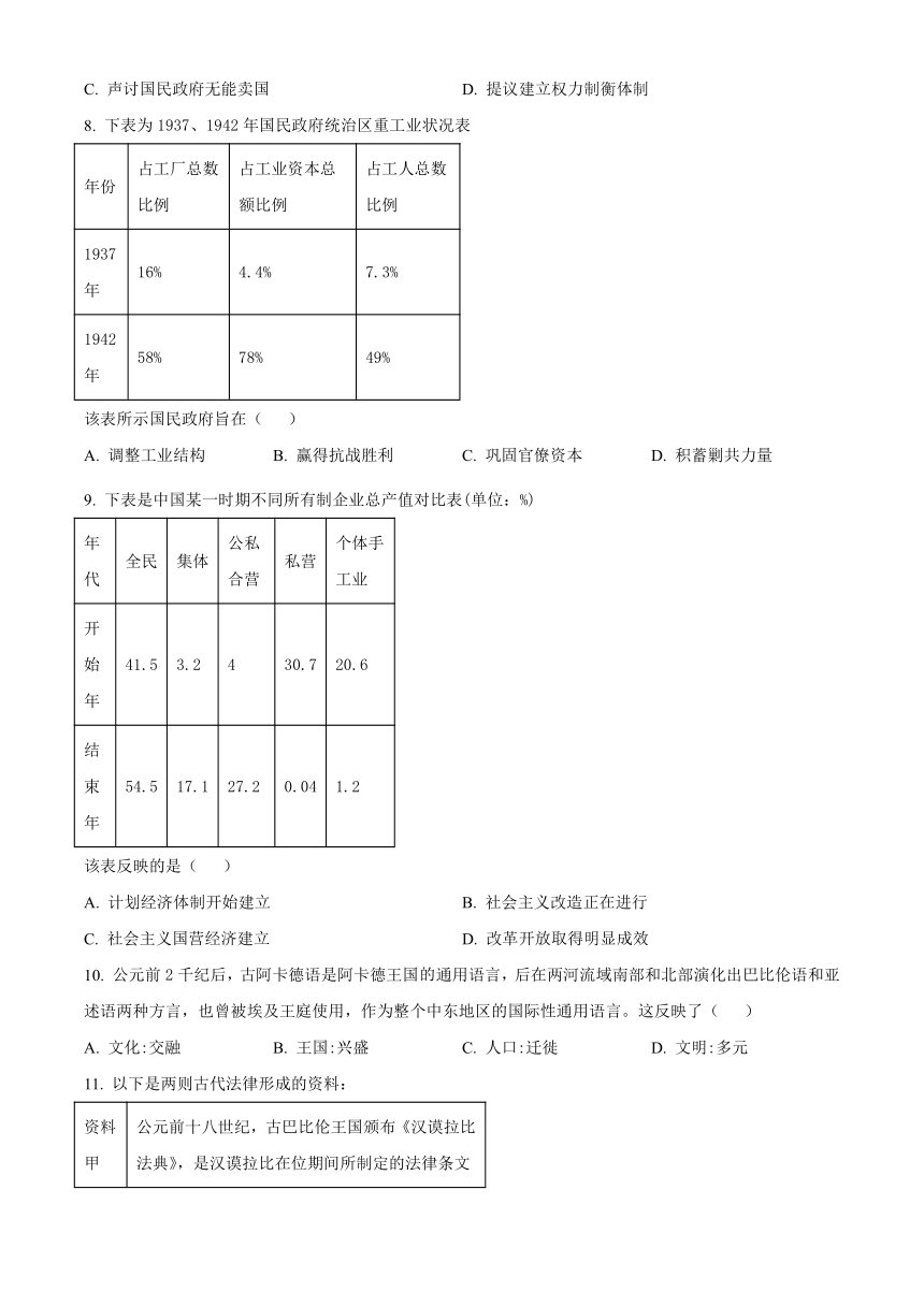 山东省济南市山东省实验中学2024届高三上学期第三次诊断考试历史试题（含解析）