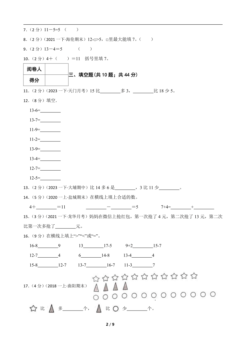 人教版数学一年级下册第一单元《十几减5、4、3、2》真题同步测试1（含解析）