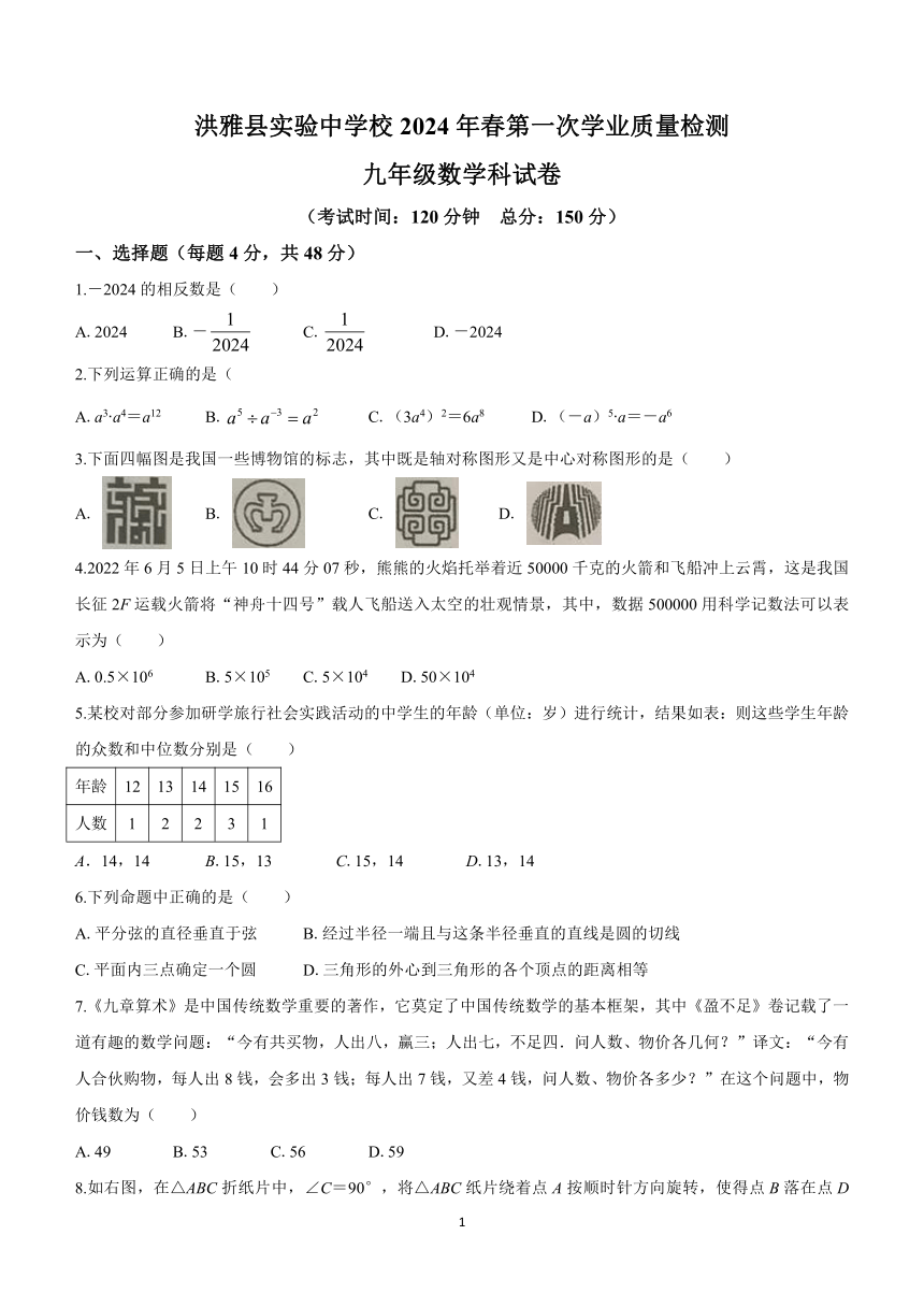 四川省洪雅县实验中学校2023-2024学年九年级下学期第一次学业质量检测数学试题(无答案)