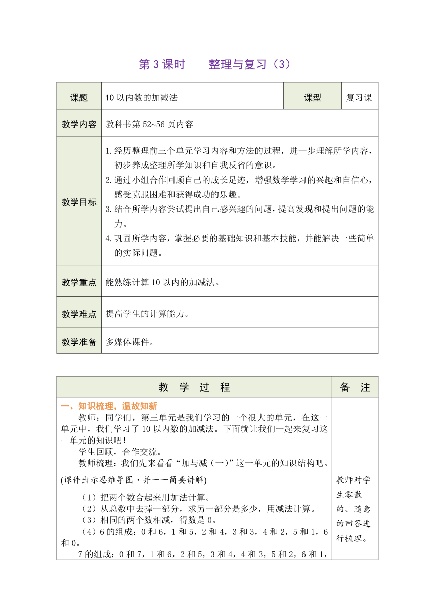 北师大版数学一年级上册 整理与复习（3） 表格式教案